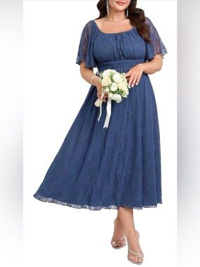 SHESTARR Plus Size Wedding Guest Lace Square Neck Flowy A Line Formal Dress